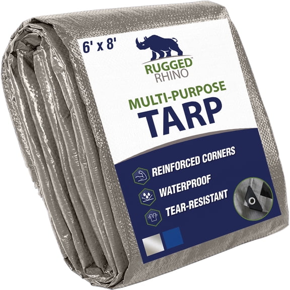 Rugged Rhino All Weather 100% Waterproof Heavy Duty Tarp, 5 Mil UV Temperature Resistant Tarps, High Durability Multipurpose Cover, for Home Outdoor Patio Winter Leaf Camping, 6x8 1 Pack Silver