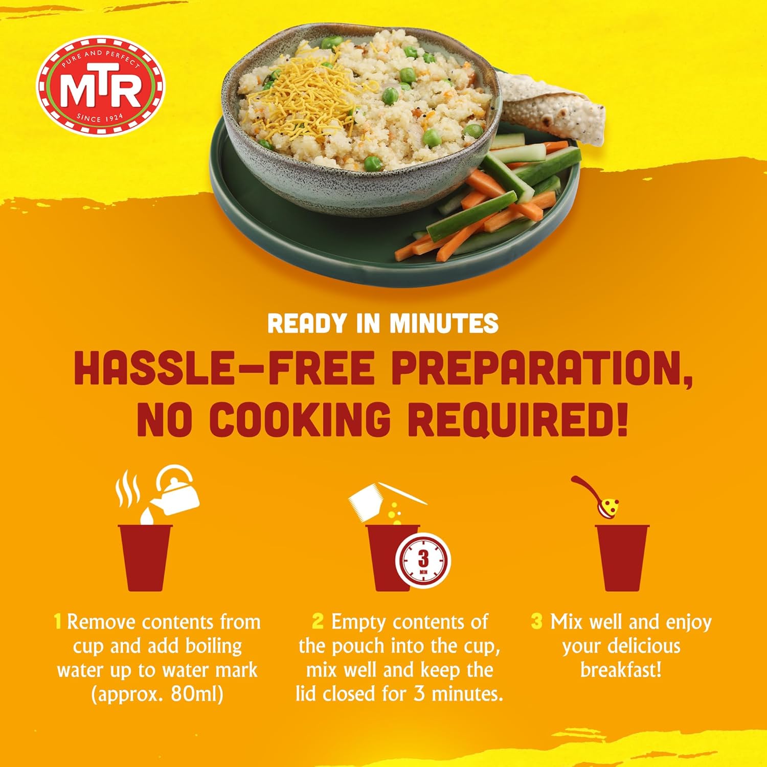 MTR 3 Minute Veggie Poha (80g, Pack of 2) – Instant Indian Snack, No Preservatives, Ready in 3 Mins, Just Add Water, Perfect Vegetarian On-the-Go Cup