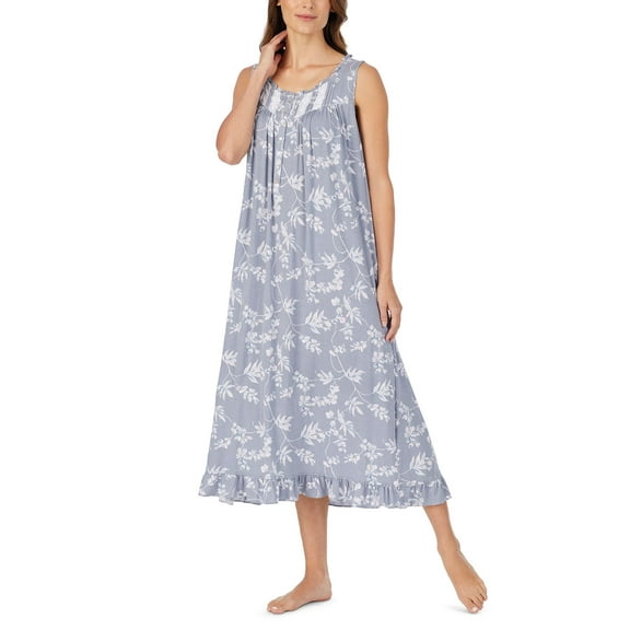 Eileen West Ballet Lace Trim Floral-Print Nightgown Size Large Grey Floral