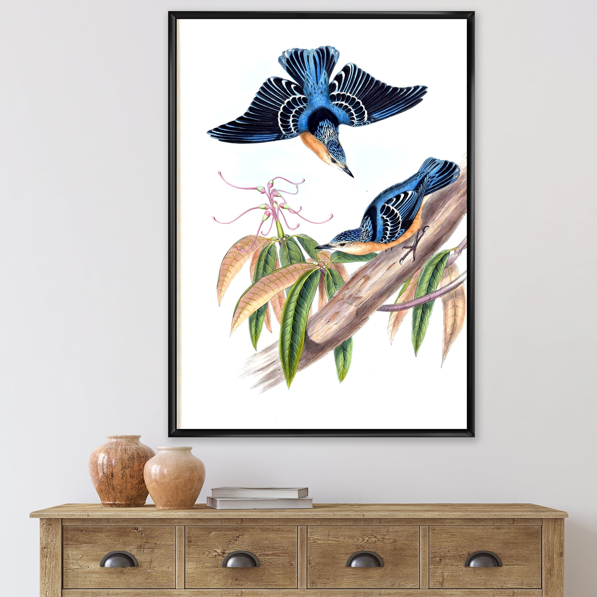 Vintage Countryside Birds On Branch V 30 in x 40 in Framed Painting Canvas Art Print, by Designart