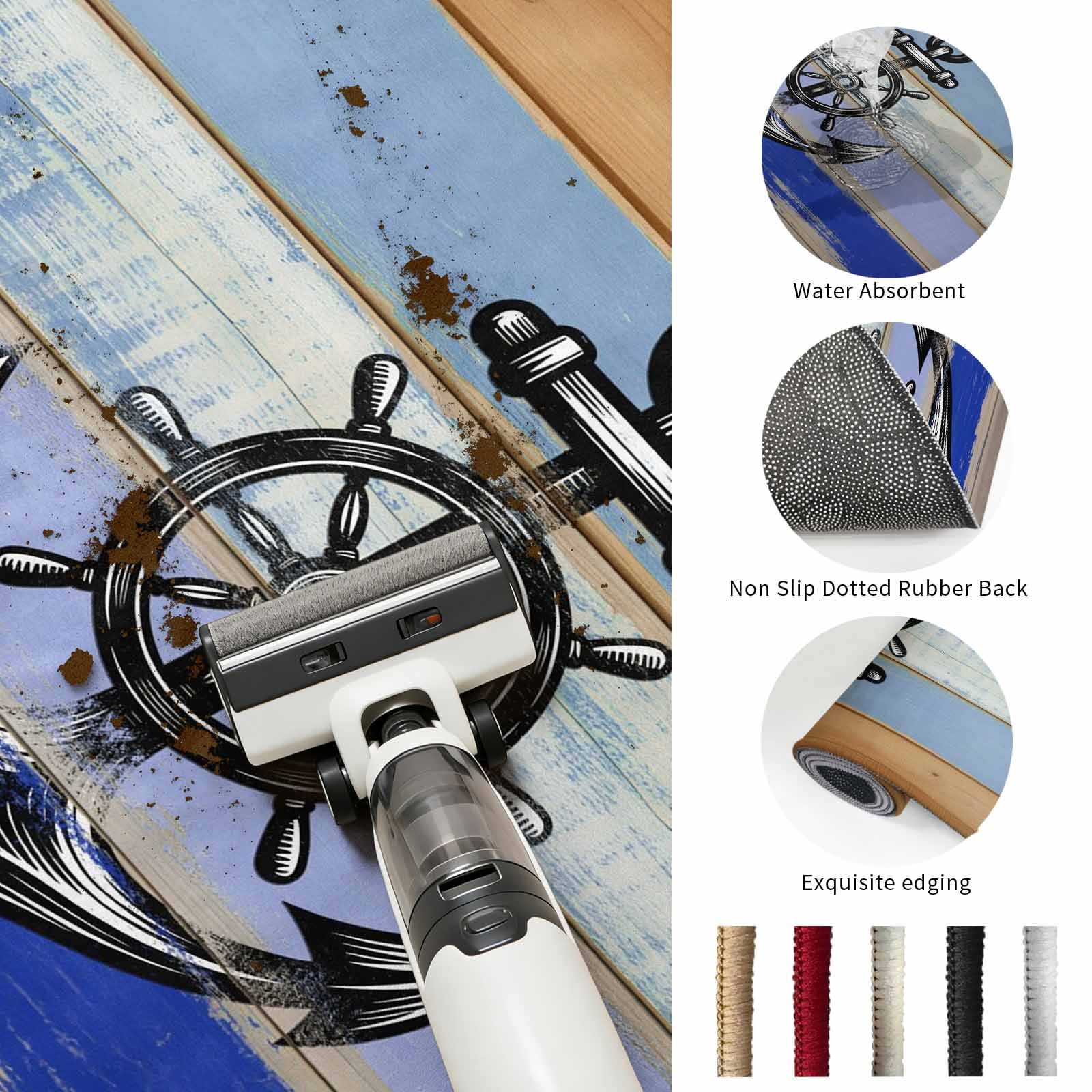 Large Area Rugs 5'x8', Nautical Anchor Carpet Runner Indoor Outdoor Rugs Home Decor Aesthetic, Vintage Navy Blue Wooden Boards Country Non Slip Mats Washable Accent Rug for Living Room Bedroom