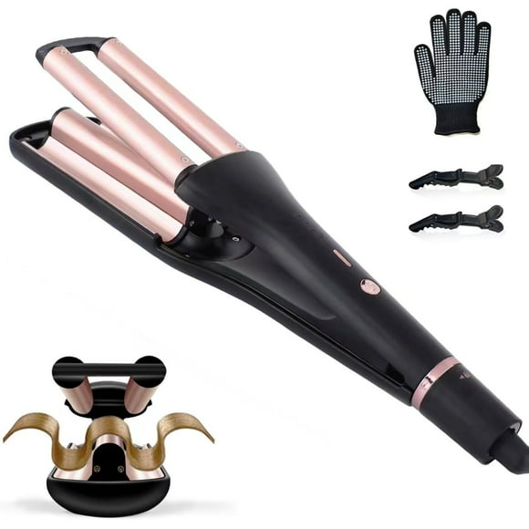 Hair Crimper with 4 Heights Adjustable, Beach Waves Curling Iron with 3 Ceramic Coated Barrels, Deep Waver Hair Tool for Women, 0.75"-1.25" Depth, 4 Temperatures, Dual Voltage, P