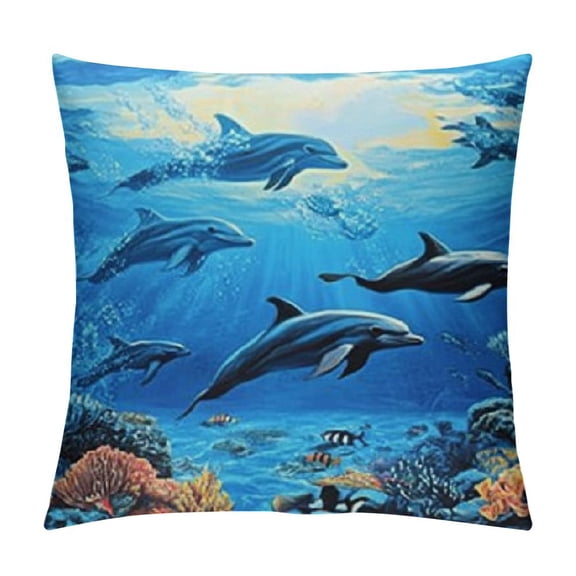 Sheronv Dolphins Marine Life Ocean Graphic Decorative Cushion Throw Pillow Cover Short Plush Home Furnishing 1PC 12x12in