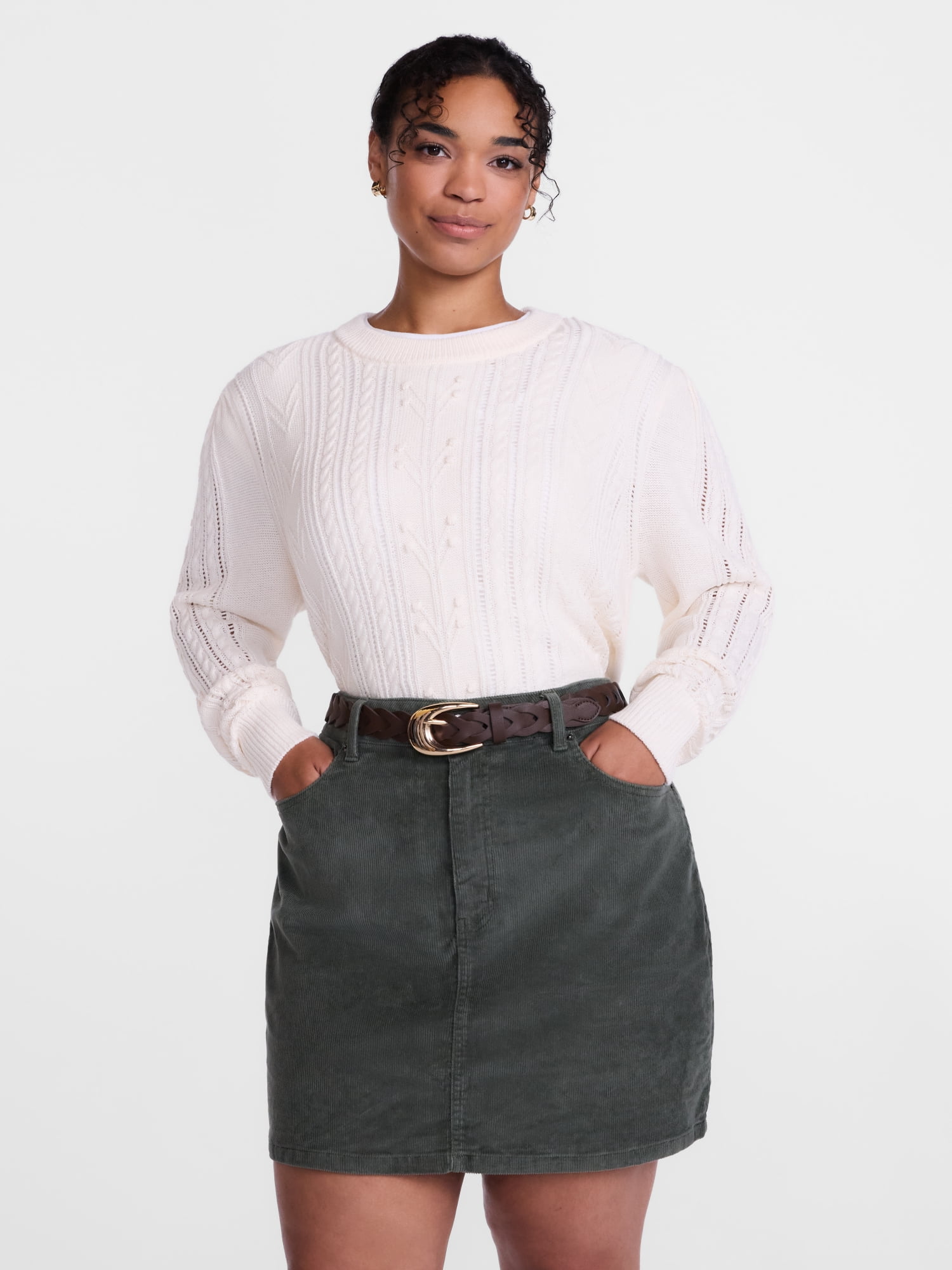 Scenario Women's Pointelle Sweater with Long Puff Sleeves, Lightweight, Sizes XS-XXXL