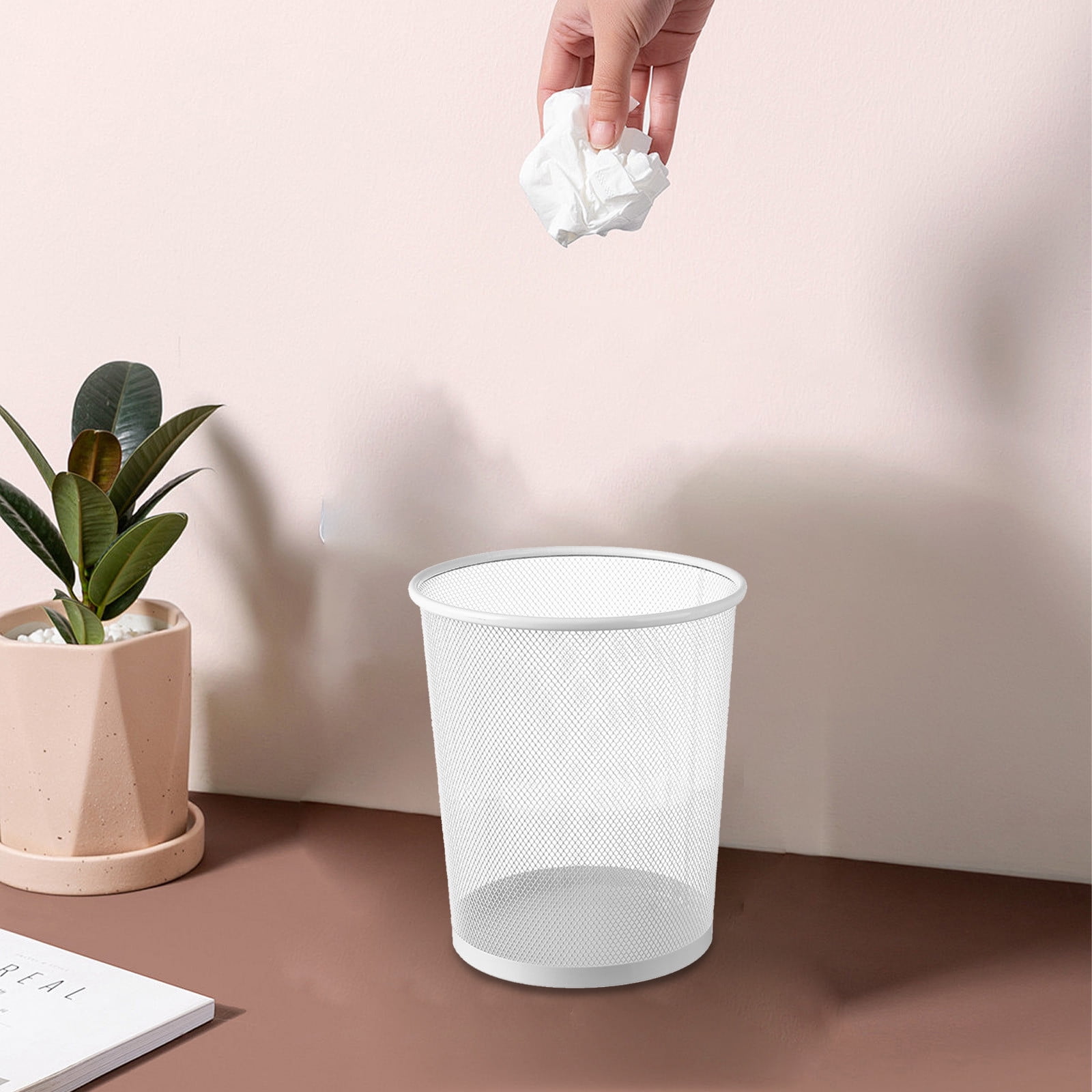 Holloyiver Round Waste Basket, Wire Mesh Desk Metal Trash Garbage Can, Wastebasket Recycling White Trash Bins Garbage Container for Bedroom Office School Kitchen Home Living Room