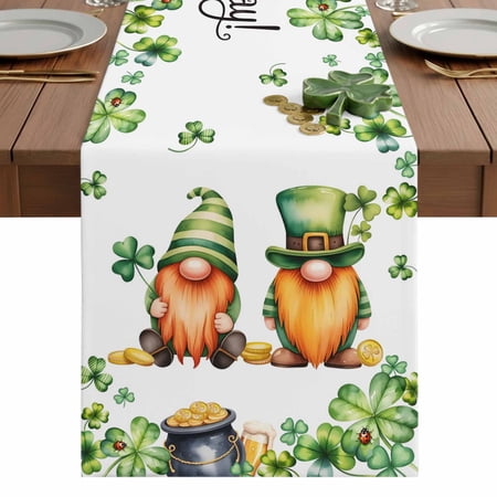 St. Patrick s Day Table Runner 13 x 120 Inch Green Hats Gnome Spring Watercolor Lucky Shamrocks Beer Washable Cotton Linen Dining Table Runner Tabletop Decorations for Restaurant Home Kitchen Party