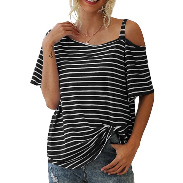 Camiseta a rayas con hombros descubiertos para mujer, pantalón corto informal de verano, blusa holgada, color negro, 2XL