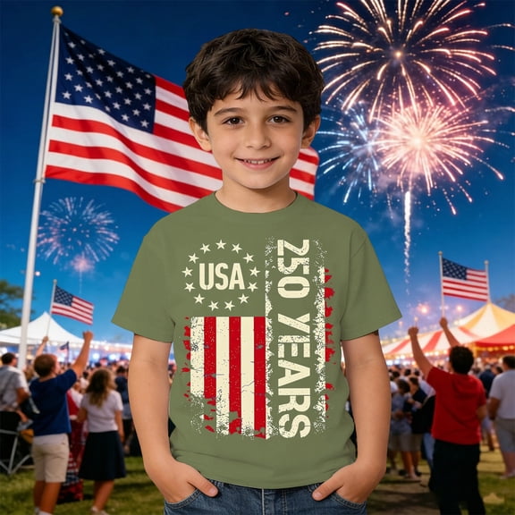 Kids 250 Anniversary USA Shirts Soft Stretchy 250 Year T-Shirt Comfortable Regular Fit Short Sleeve Independence Day Tops