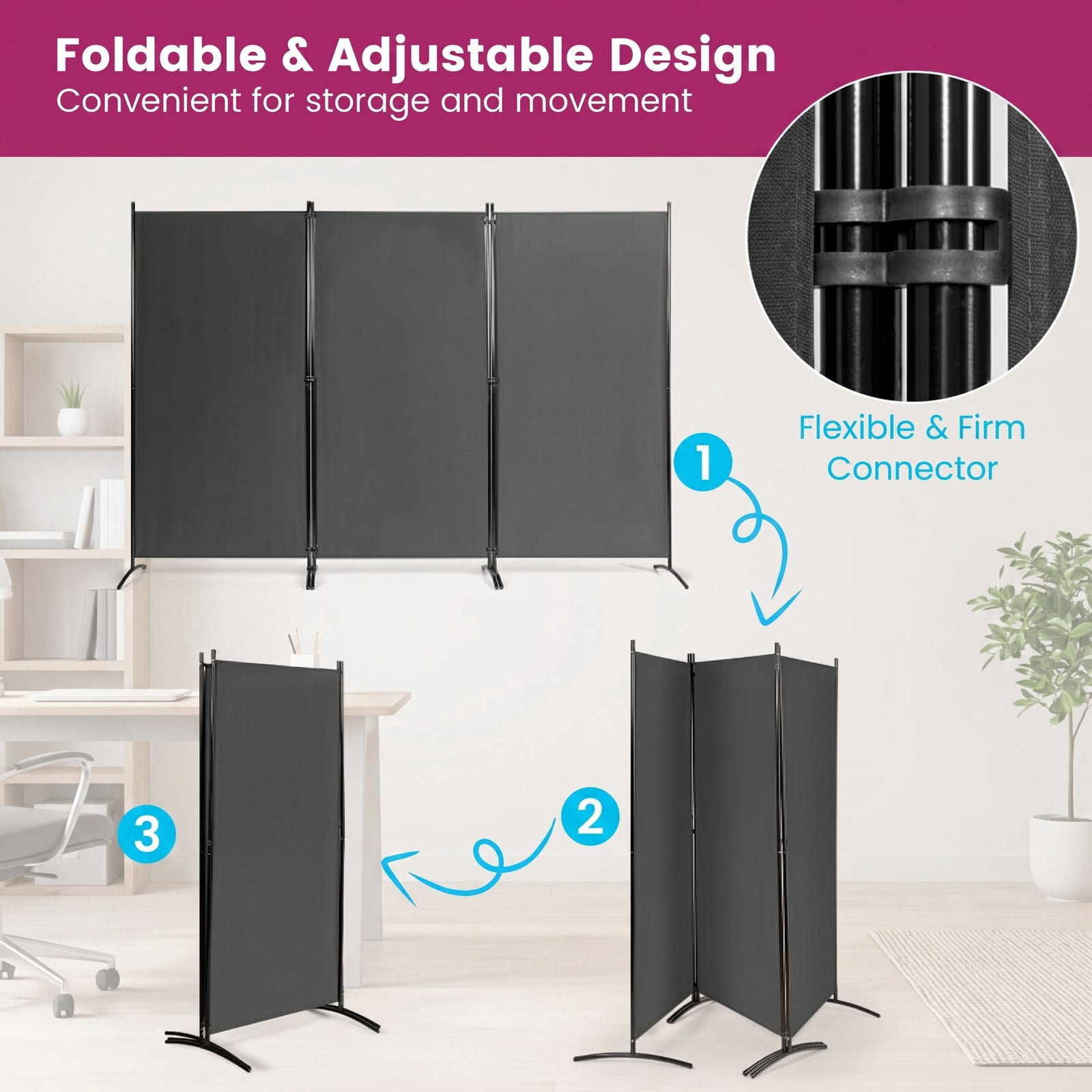 ALPULON 6 FT 3-Panel Room Divider, Freestanding Folding Privacy Partition Screen with Durable Hinges and Steel Base for Office, Bedroom, Home Decor, Gray