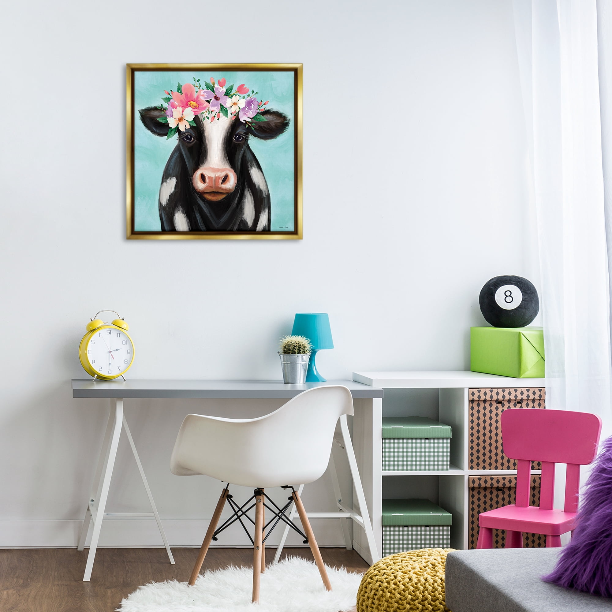 Stupell Industries Cow with Pastel Flowers Animals & Insects Painting Gold Floater Framed Canvas Art Print Wall Art, 25 x 25