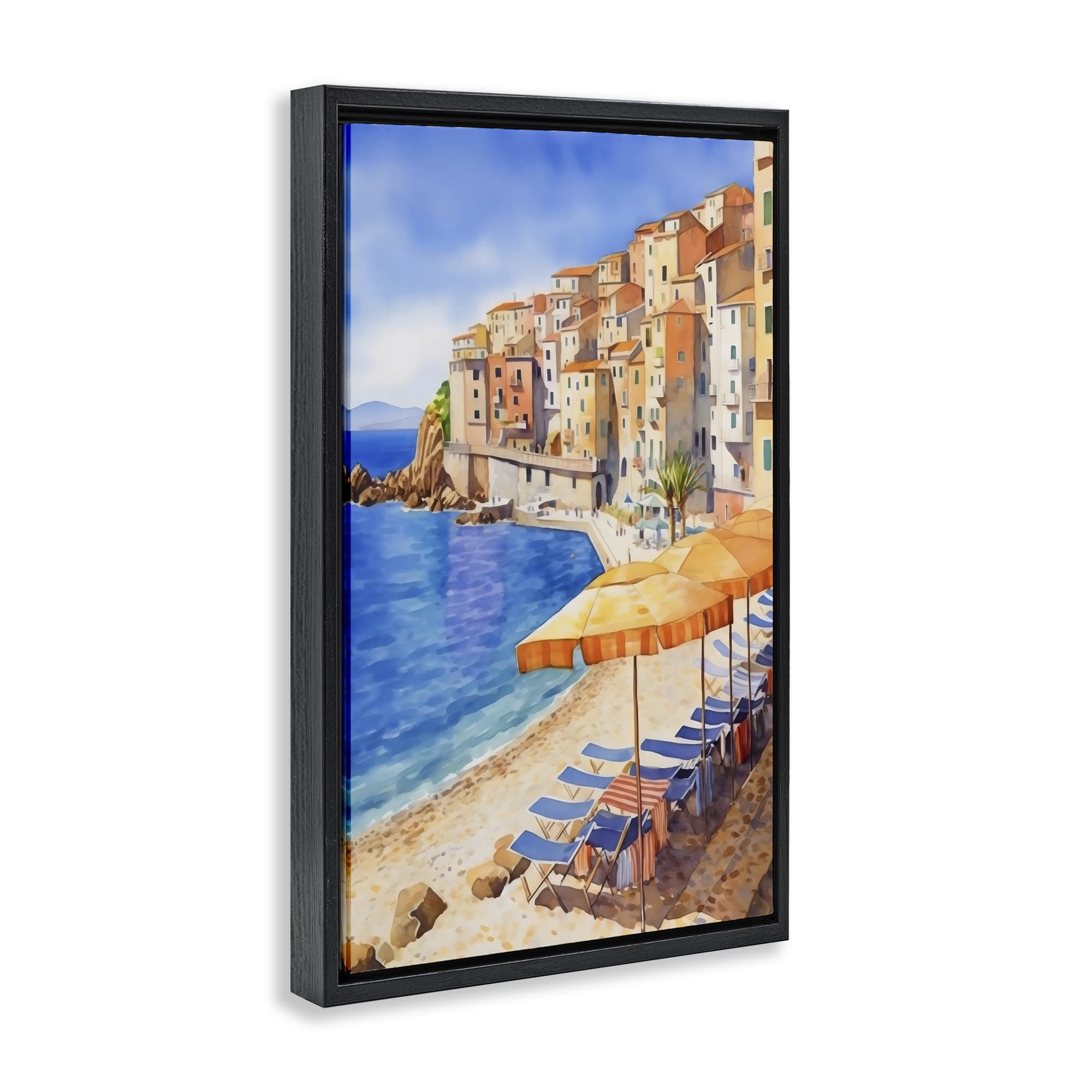 Stupell Industries Beach Lounging on Mediterranean Shore Black Framed Floater Canvas Wall Art, design by Creative Studio