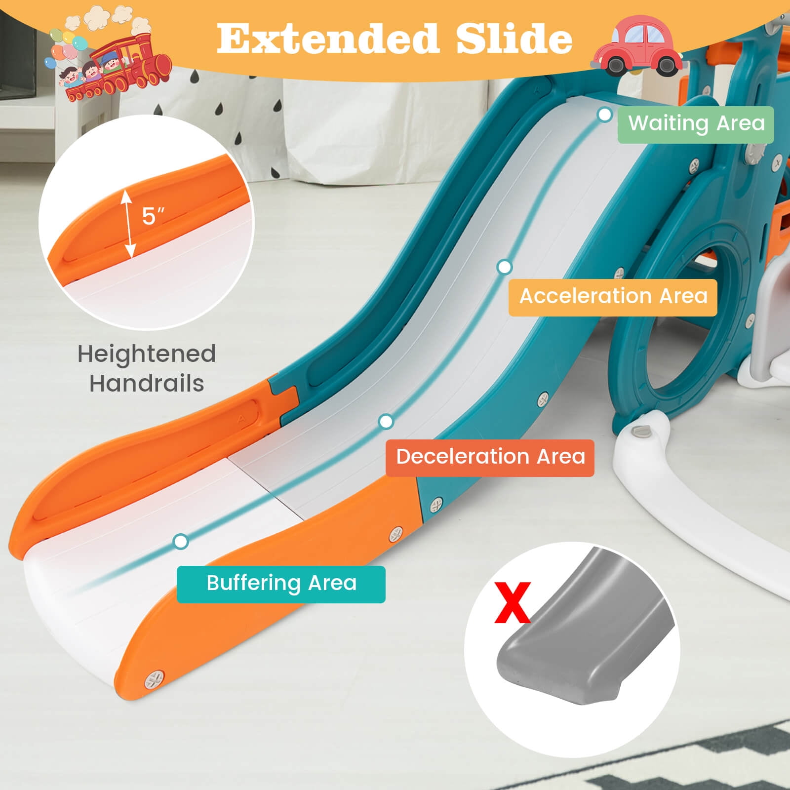 Infans 5-in-1 Toddler Slide Set w/ Basketball Hoop and Swing Baby Slide Playset Indoor