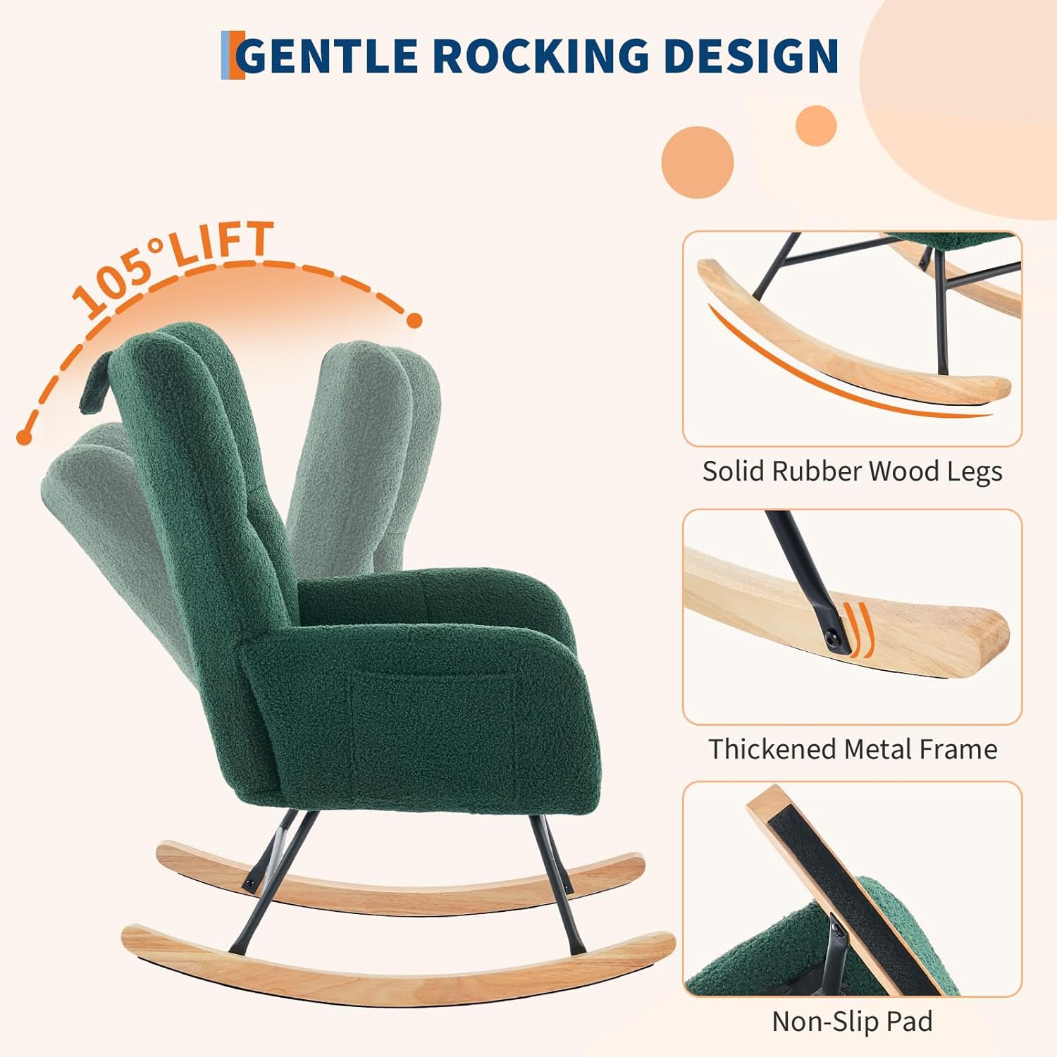 Rocking Chair Nursery Teddy Upholstered Baby Fluffy Glider Rocker for Adults Small Spaces Indoor Nursing Chair for Living Room Bedroom Classroom Beige Comfortable Durable Stylish-DarkGreen