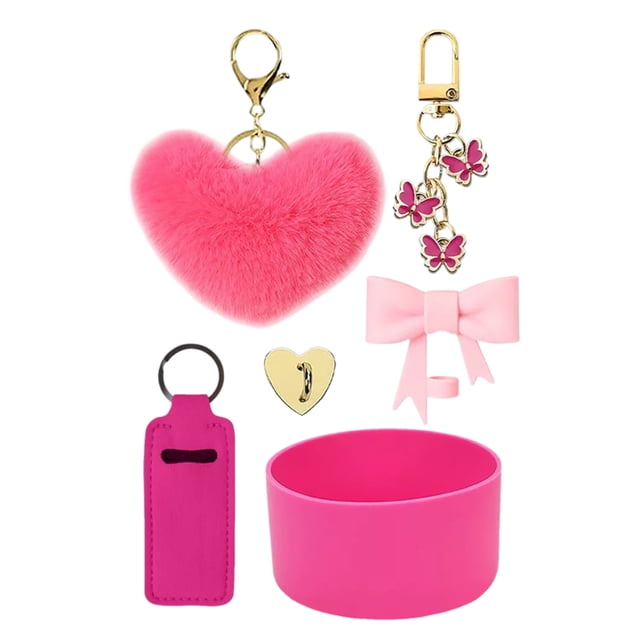 Colgante bola de pelo, juego de tazas de silicona, lazo, pajita, pareja de peluches, llavero con forma de corazón