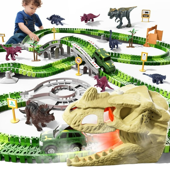 Exciting 241-Piece Dinosaur Track Toy Set for Kids 3-9+ Years Old! Includes 2 Electric Jeeps, 8 Dino Figures, Upgraded Skull Tunnel with Smoke, Light & Sound Effects, and Flexible Race Track.