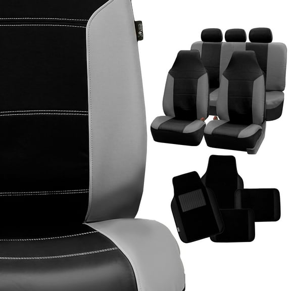 FH Group PU Leather Highback Royal PU Leather Seat Covers, Full Set with Carpet Floor Mats, Gray and Black