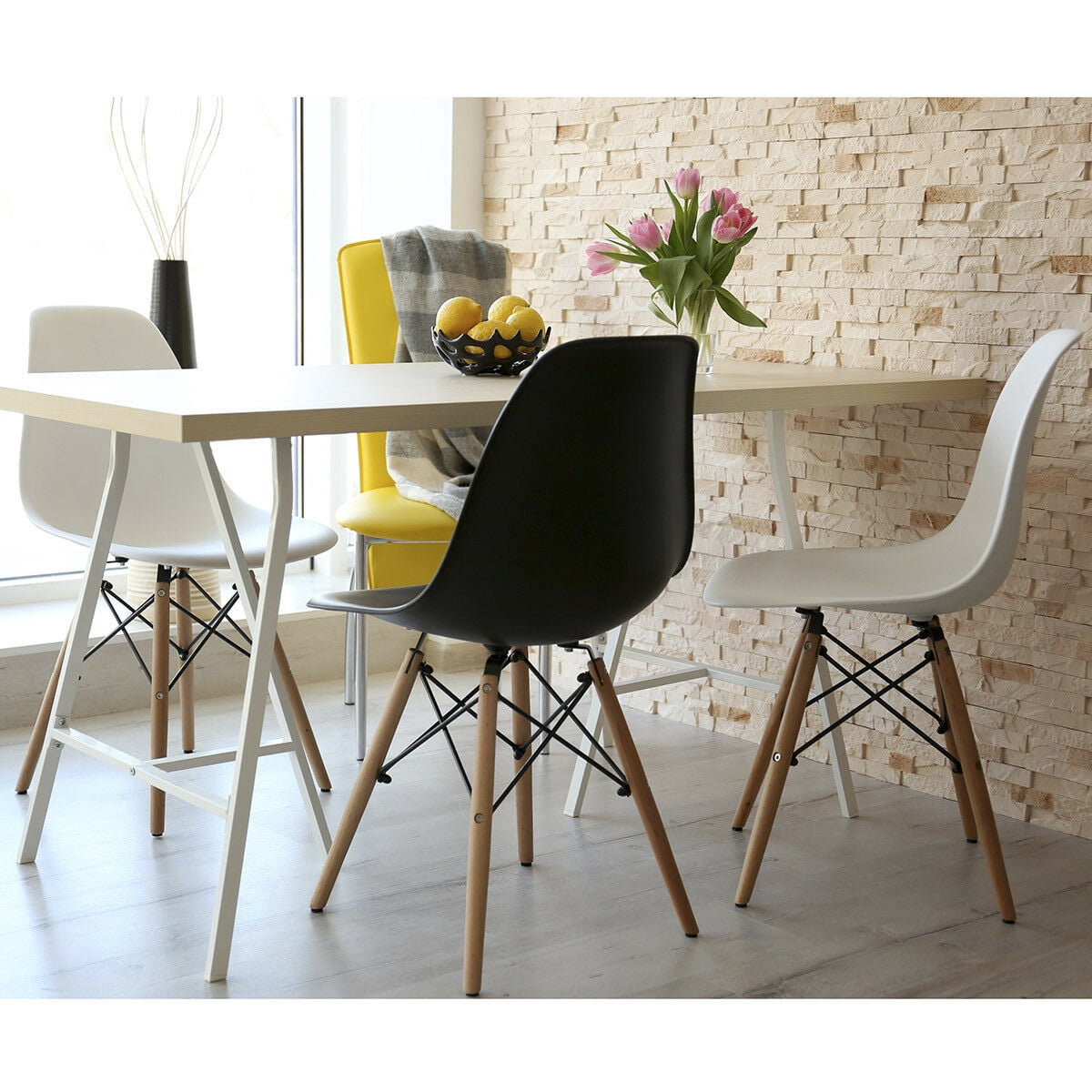 Costway Set of 2 Mid Century Modern Style Dining Side Chair Wood Leg White