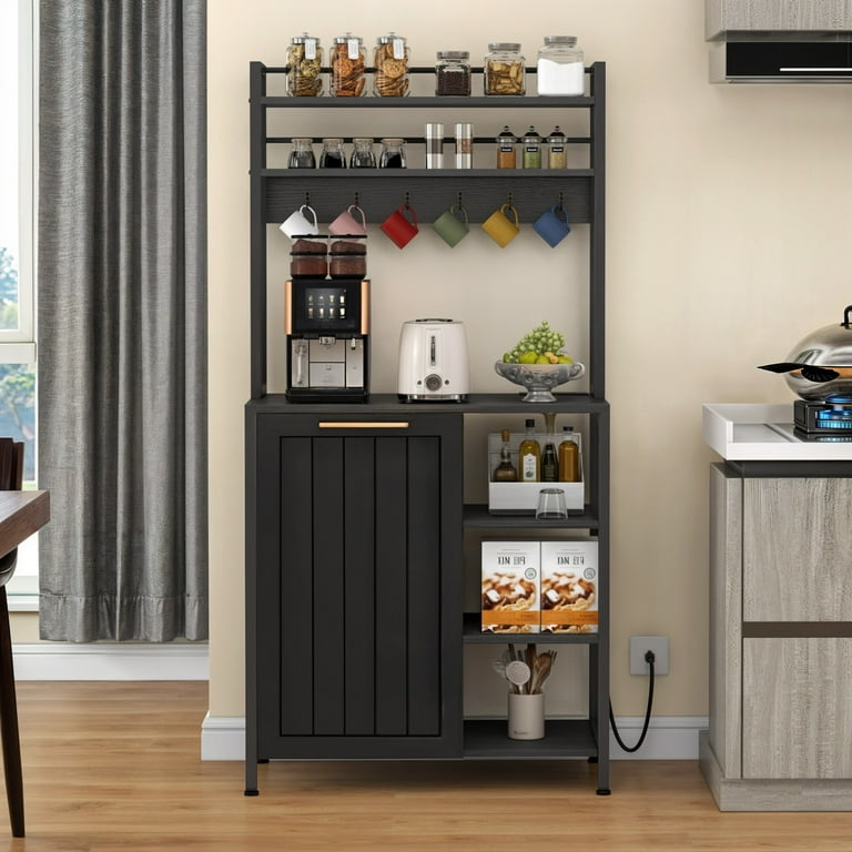 Uforic 6 Tier Kitchen Baker s Rack with Power Outlets 63 Microwave Stand with Hooks Trash Bin Cabinet Black Walmart