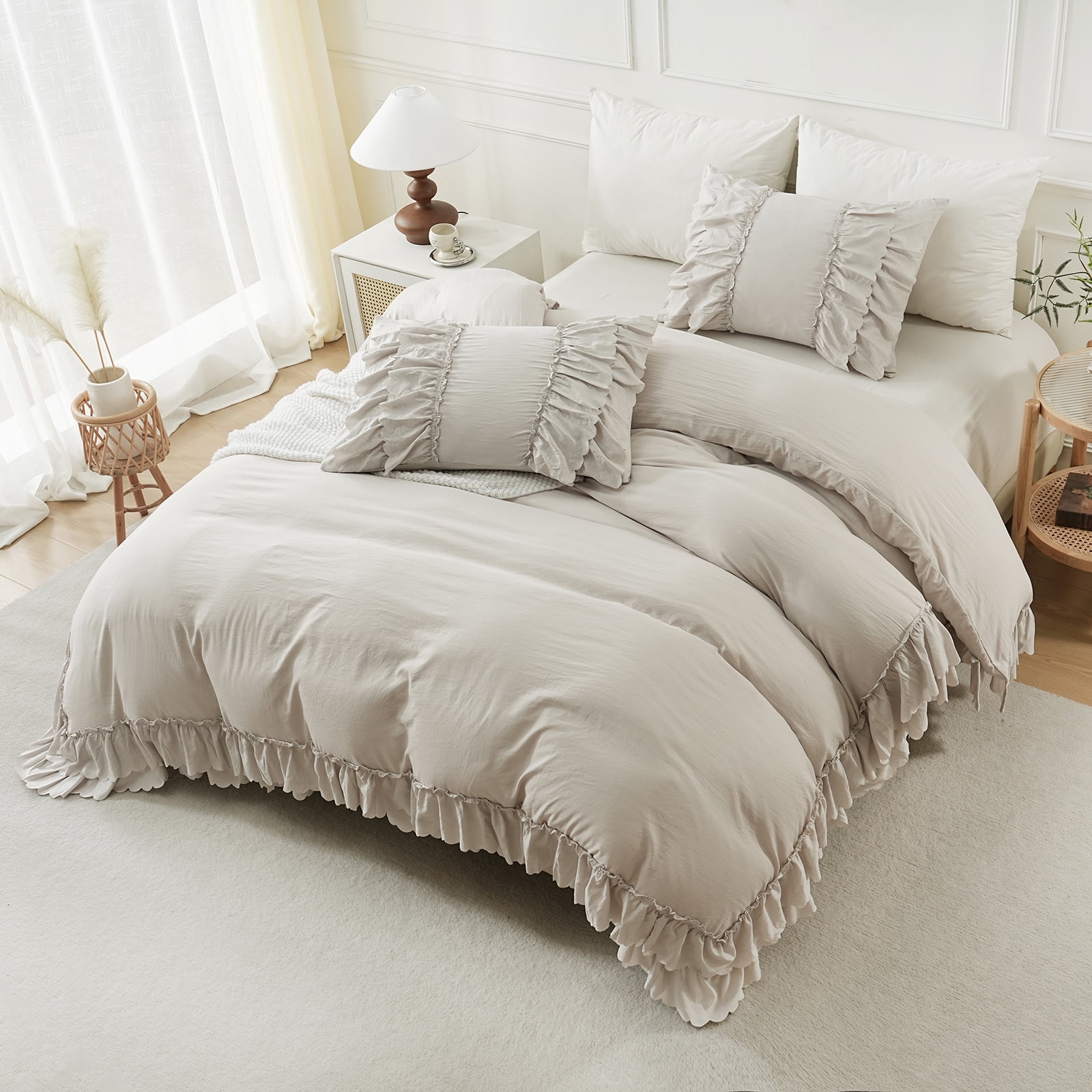 Ruffle Comforter Set Queen Size,Shabby Chic Boho Bedding Sets, Soft Fluffy Comforter Sets for All Season,Vintage Ruffled 3 Pcs Microfiber Lightweight Quilt Set for Home Decor