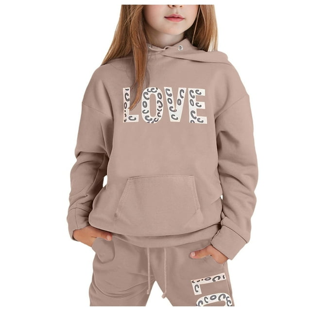 GDREDA Tenue de Printemps Filles Mode pour Enfants Décontractée Imprimée Haut à Capuche à Manches Longues Chandail à Capuchon Pantalon Ensemble Tenues et Ensemble pour Filles Kaki, 6-7 Ans