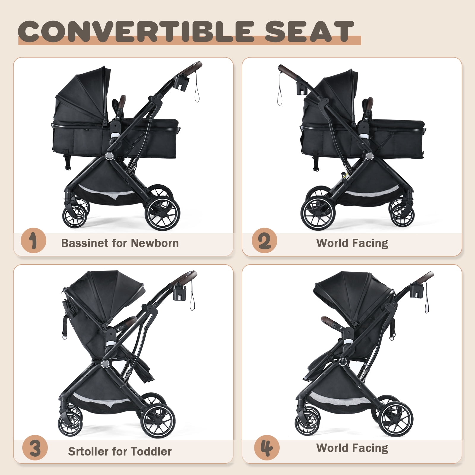 AILEEKISS Baby Stroller, 3 in 1 Stroller for Newborn, Folding Infant Pushchair, 22LB, Black
