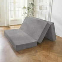 Tri-Folding Corduroy Mattress, 6 Inches Gel Folding Mattress Topper, Foldable Soft Guest Bed Camping Pad, Washable Cover (Grey, Twin)