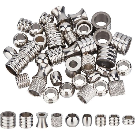 54Pcs 9 Style Stainless Steel Large Hole Beads Column Rondelle Hair Beard Beads Metal Braiding Beads Hair Beads Braid Hair Loose Spacer Beads for Men and Women Jewelry Making diy