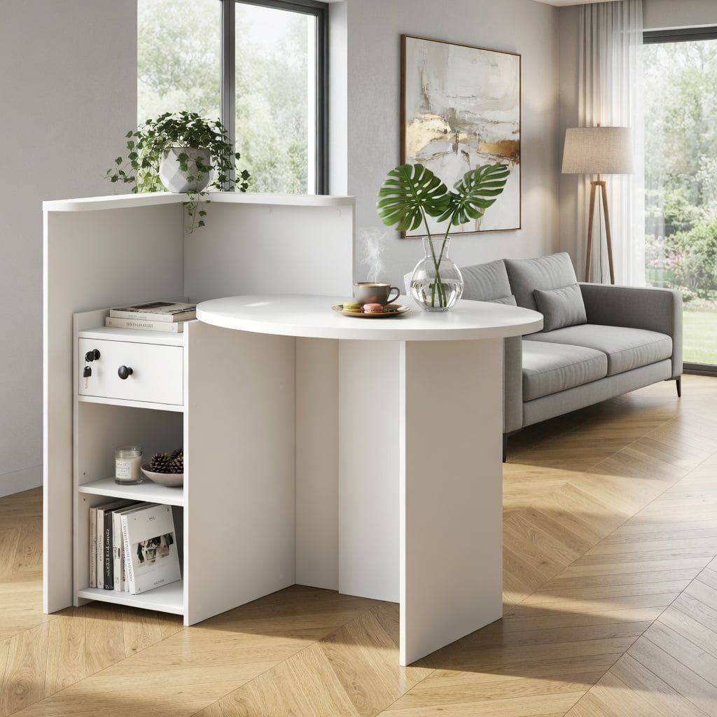 Demi Bonn Front Reception Office Desk with Open Shelf and Lockable Drawer, Small Home Computer Desk Study Writing Table, White