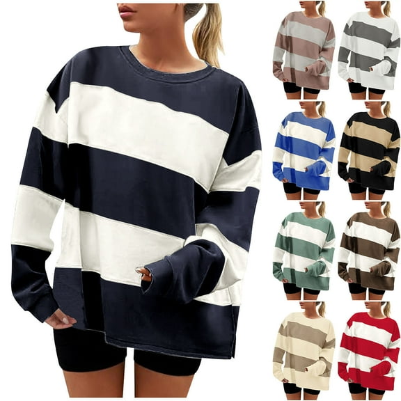 Stamzod Long Sleeve Shirts for Women Fashion Strip Printed Crewneck Sweatshirts Women Casual Workout Sweatshirt Gray M