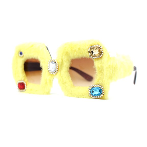 Super Funky Masquerade Fur Jewel Brooch Octagon Plastic Sunglasses Yellow - Brown