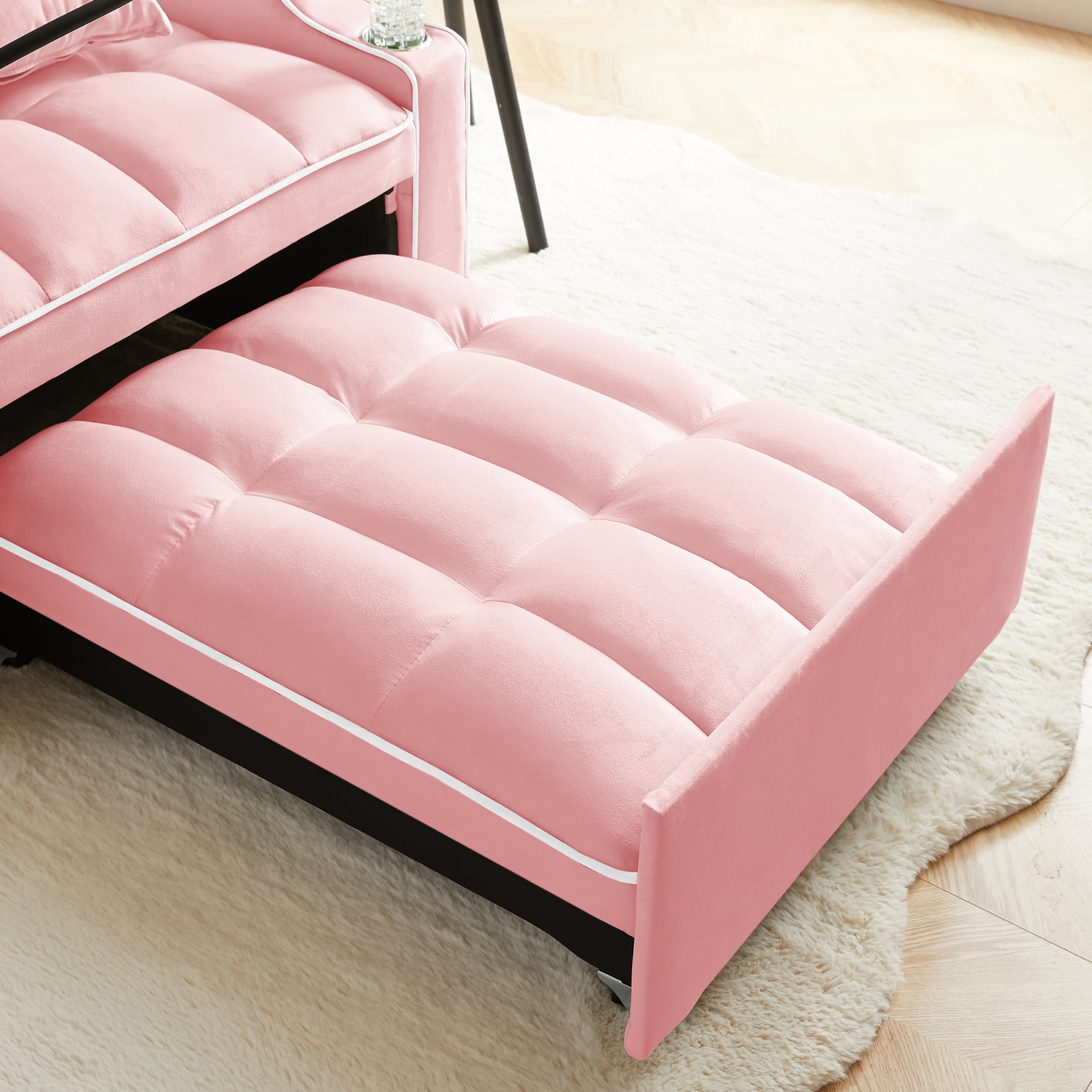 Jopath Convertible Sleeper Sofa Chair Bed,3 in 1 Velvet Single Sofa with Phone Holder & Cupholders,Pull Out Couch Recliner with Adjustable Backrest for Living Room, Office, Small Place,Pink