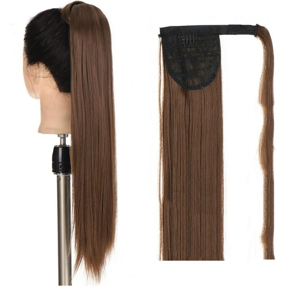 Aorsher Clip in Ponytail Extension Wrap Around Long Straight Pony Tail Hair 24Inch Synthetic Hairpiece for Women Medium Brown Mix Auburn