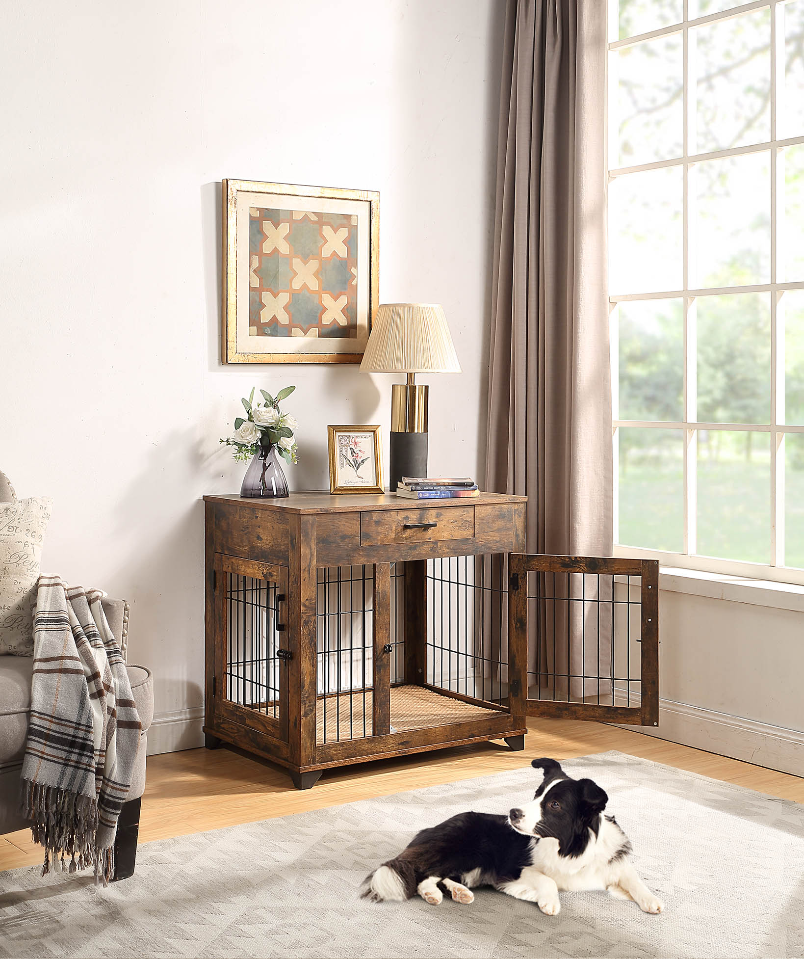 Unipaws Wood Dog Crate with Drawer, Pet Kennels Furniture Style, Pet