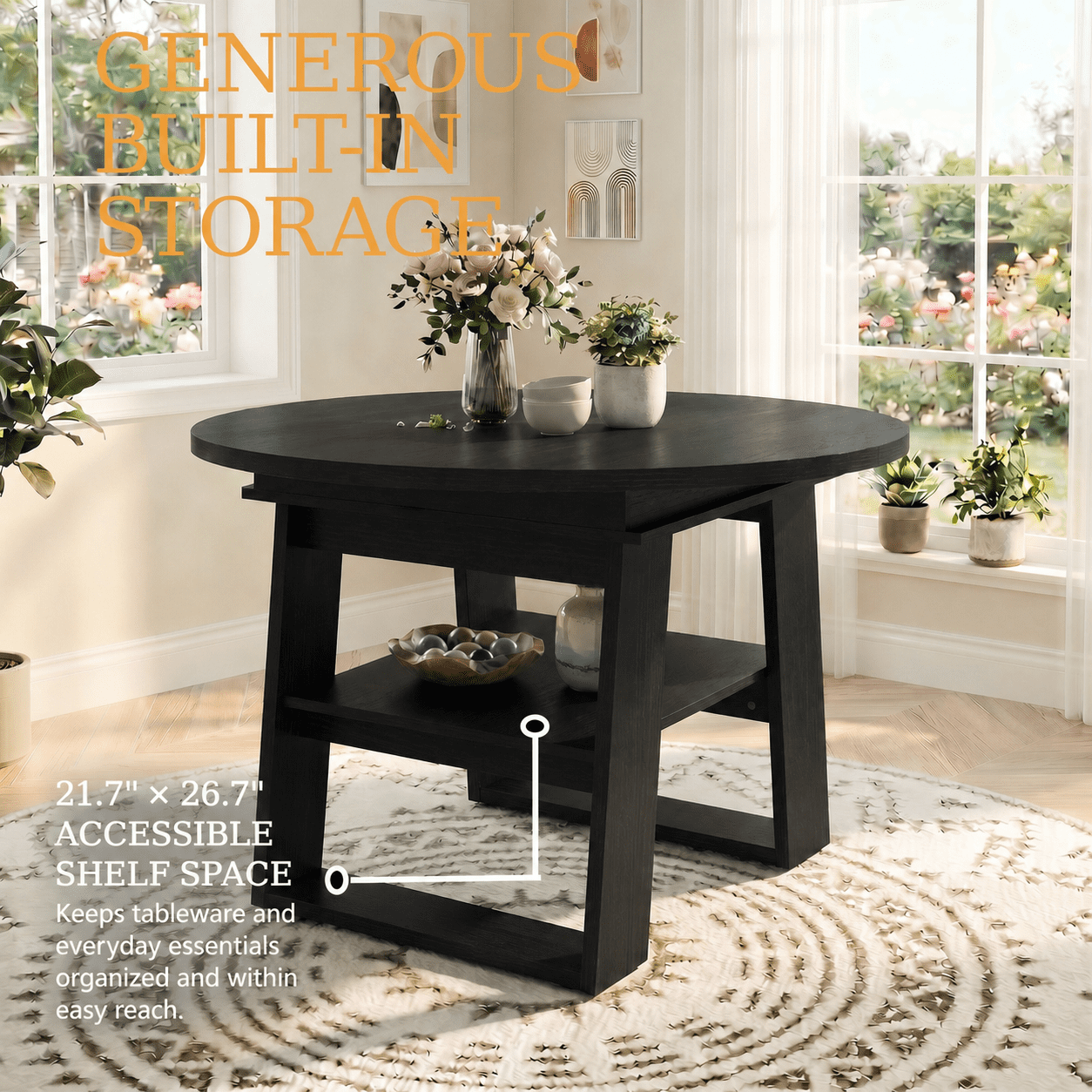 Extendable Round Dining Table 43.3-59 Inch, Round to Oval Kitchen Table with Flip Up Extension Leaf and Storage Shelf, Black