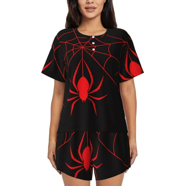 Balery Red Spider Conjunto de Pijama para Mujer con Estampado, Dos Piezas de Manga Corta y Shorts, Ropa de Dormir Suave con Cuello Redondo y Bolsillos-Small