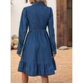 thumbnail image 6 of Women'S Flowy Denim Dress Vacation Lapel Long Puff Sleeve Button Down A Line Swing Ruffle Jean Dress, 6 of 7