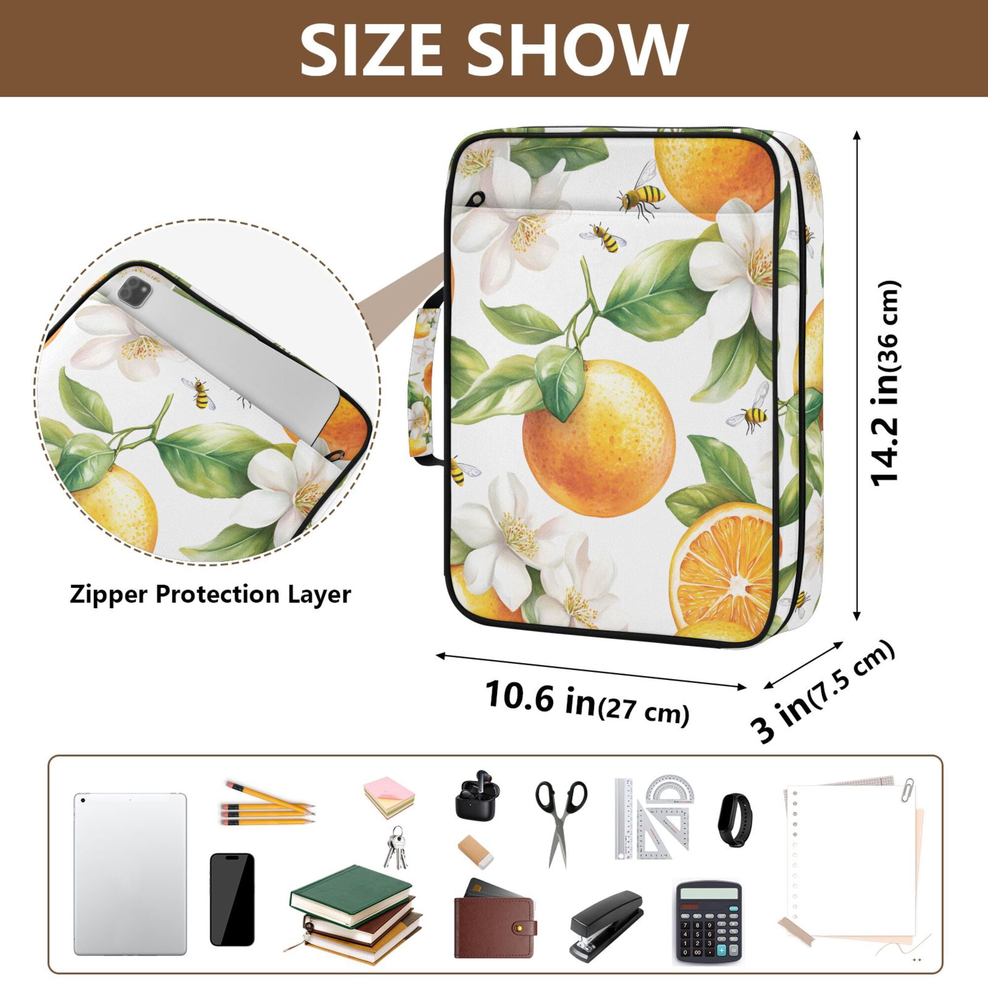 FORMRS Accordion File Folder A4 Size 7-Pocket Expanding Document Organizer Bag with 3 Ring Binder, Floral Watercolor Oranges