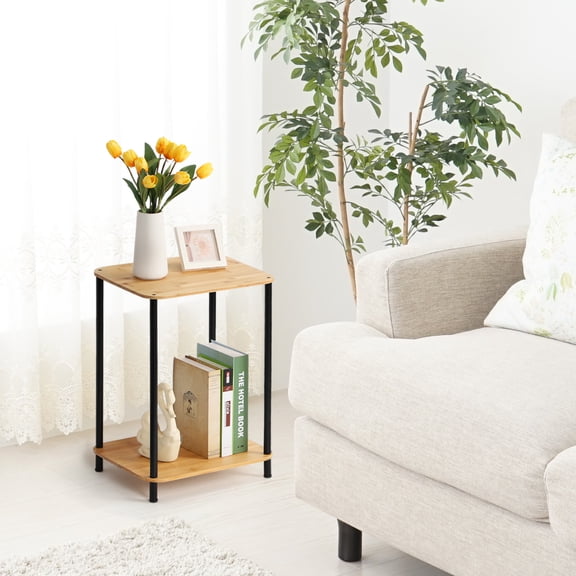 Nightstands Set of 2, 2‑Tier Small Side Tables for Small Spaces, Industrial End Table with Storage Shelf for Living Room, Bedroom, Office – Natural Bamboo