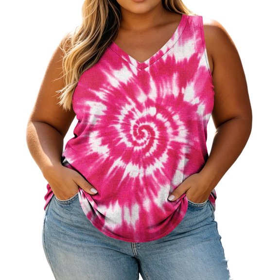 Qingpeng Womens Plus Size Swirl Tie Dye Tank Tops V Neck Sleeveless Curved Hem Loose Fit Soft Casual Summer Daily Shirts