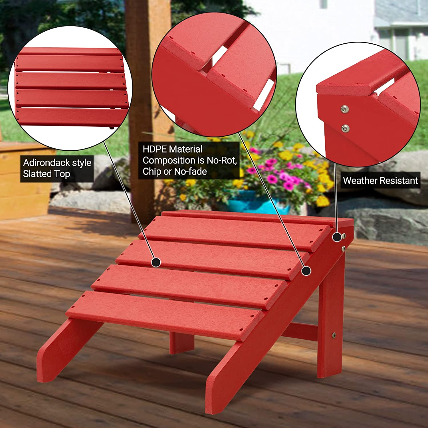 FHFO Adirondack Ottoman and Side Table for Adirondack Chairs, 2 Pieces Outdoor Adirondack Footrest & 1 Piece End Table, Weather Resistant Footstool Table for Adirondack Chair （Red） - image 3 of 5