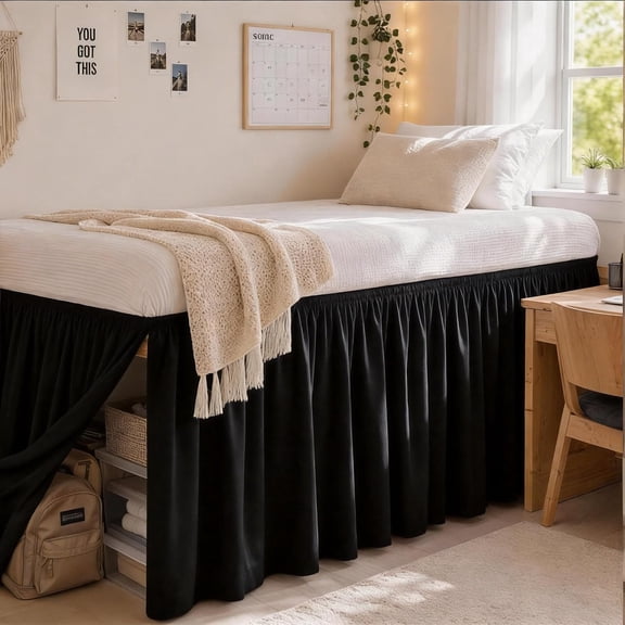 AUQ Dorm Bed Skirt Twin Xl 32 Inch Drop with Split Corners, Extra Long Bedskirt,Dust Ruffle with Platform,Black Bed Skirt Twin Xl Black, Bed Decor