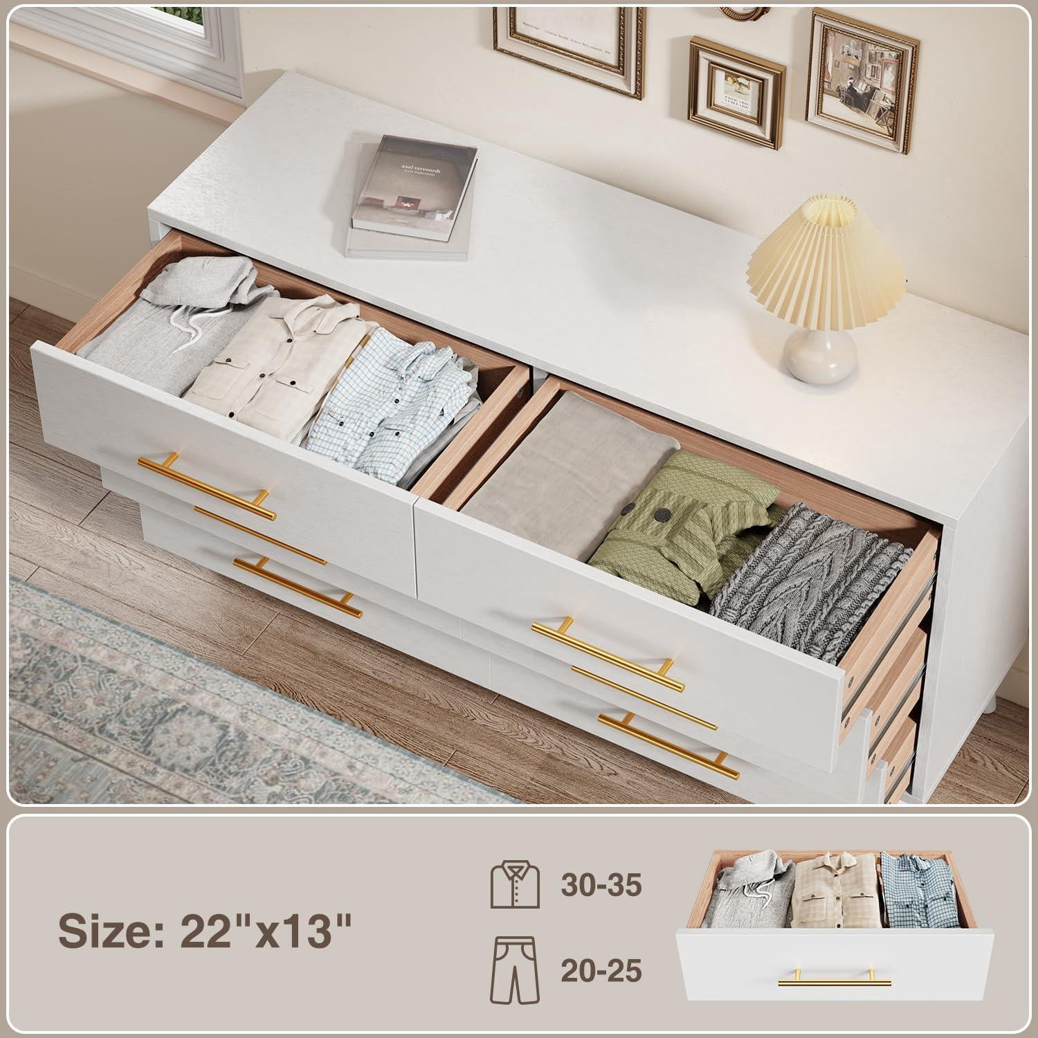 Noelse 6 Drawer Dresser with Metal Handles, Modern White Dresser Storage Cabinet for Bedroom Home