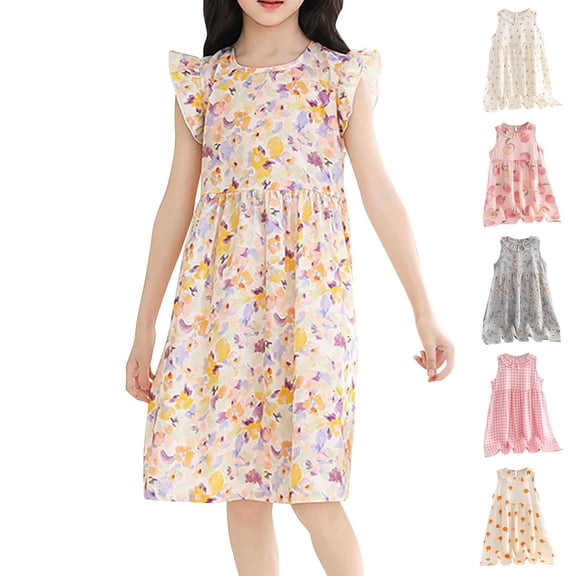 YHAJDS Little Kids Girls Vacation Dress Print Flutter Sleeve Summer Casual Sundress