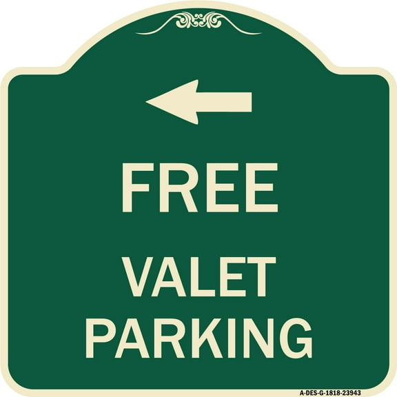 SignMission Designer Series Sign - Free Valet Parking with Left Arrow | Green & Tan 18" X 18" Heavy-Gauge Aluminum Architectural Sign | Protect Your Business & Municipality | Made in