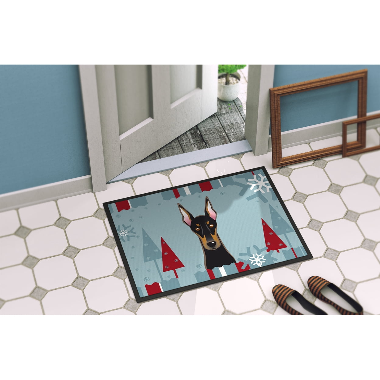 Winter Holiday Doberman Door Mat