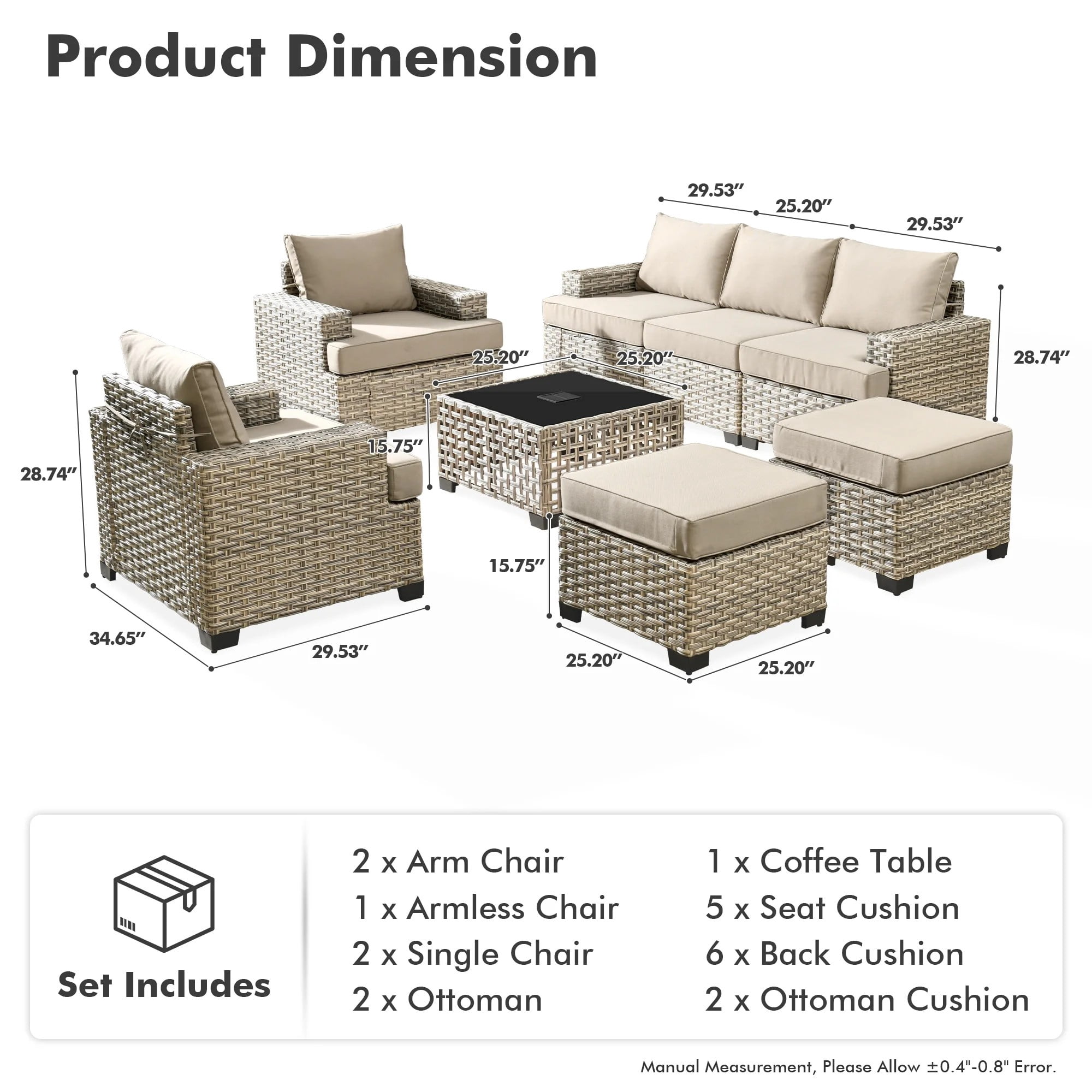 Vcatnet 8 Pieces Outdoor Patio Furniture Sectional Sofa PE Rattan Wicker Conversation Set with Solar Powered Coffee Table for Porch, Backyard, Beige