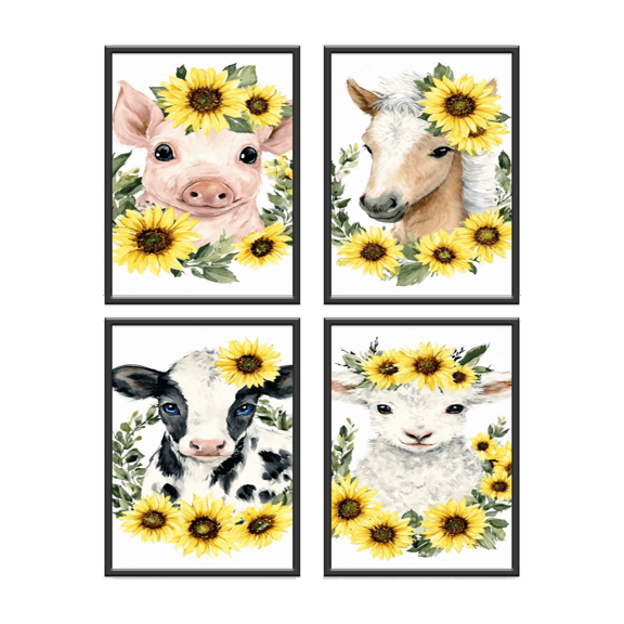 Farm Animals Nursery Wall Art Prints Watercolor Farmhouse Baby Animal Sunflower Wall Decor Pony Cow Lamb Pig Nursery Prints for Girls Boys Kids Room Decor Set of 4 8x10 Unframed