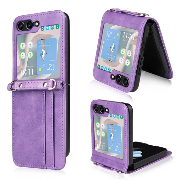 Slim Wallet Case for Samsung Galaxy Z Flip 5 (2023), Adjustable Crossbody Strap Premium PU Leather + Hard PC Folding Cover with Card Holder Slots for Samsung Galaxy Z Flip 5 5G, Purple