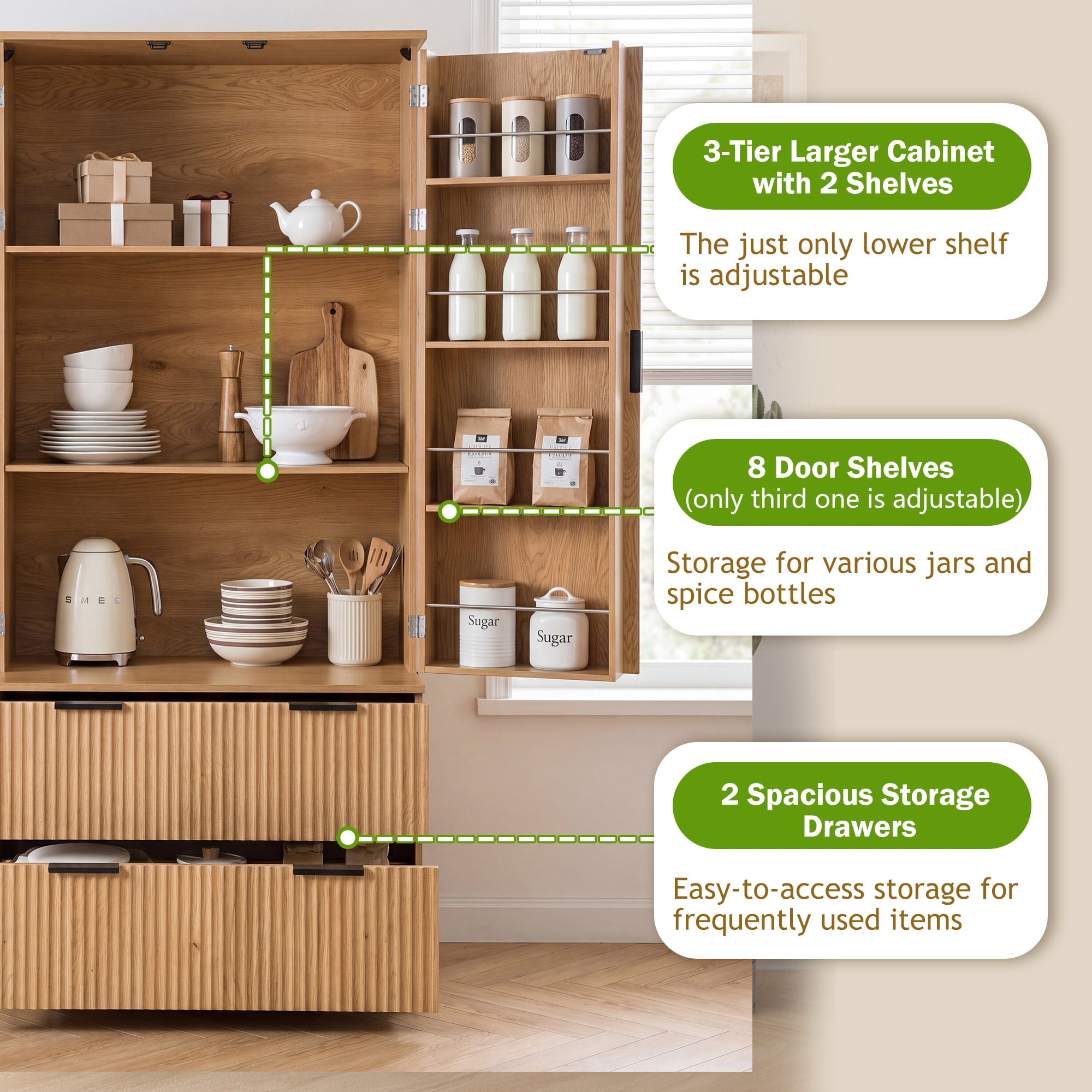 Howcool 72"H Fluted Kitchen Pantry Cabinet,Freestanding Storage Organizer with 2 Large Drawers,8-Door Spice Racks & Adjustable Shelves for Kitchen,Dining Room,Bathroom,Entryway,Oak
