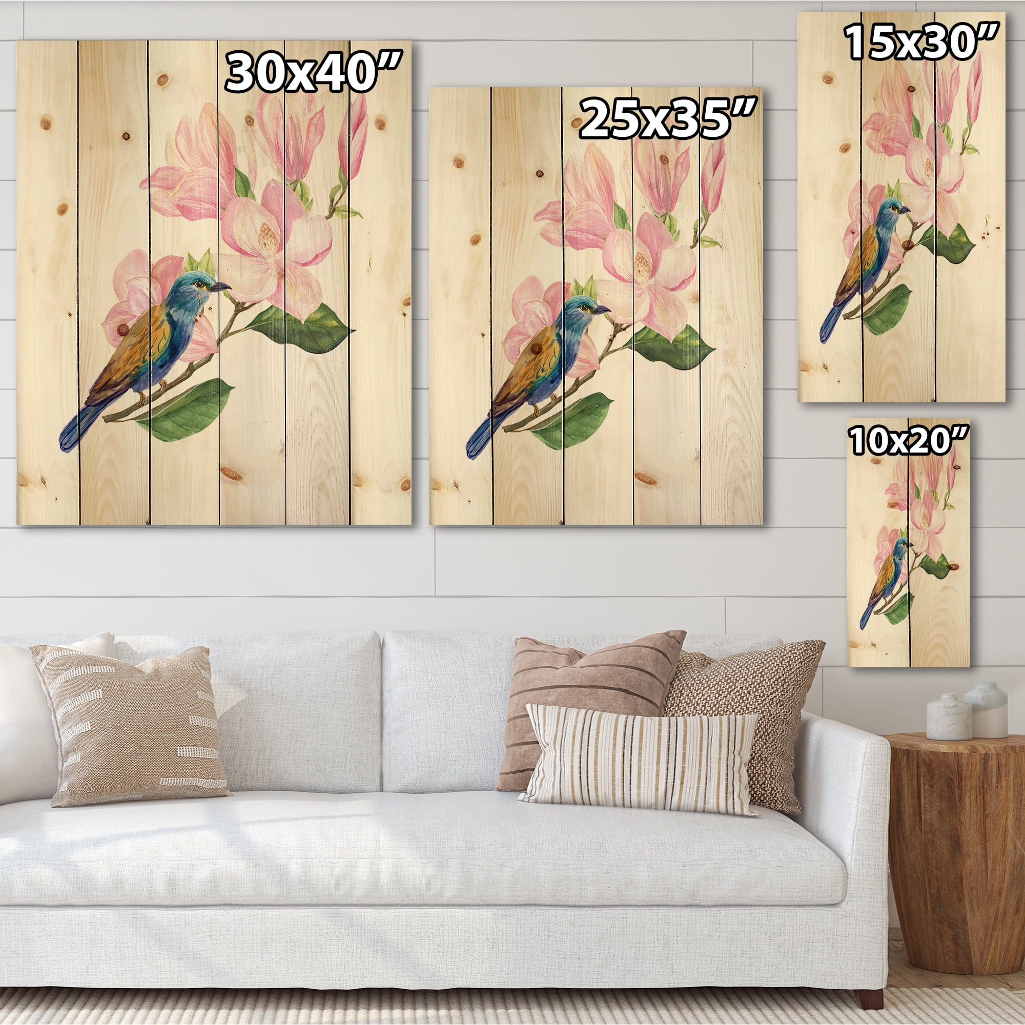 Designart 'Blue Bird Sitting On A Pink Magnolia' Traditional Print on Natural Pine Wood